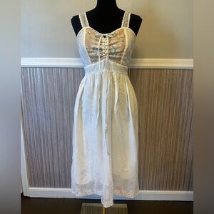 Vintage Cottagecore Lace Up Midi Dress Cream Floral Prairie Boho